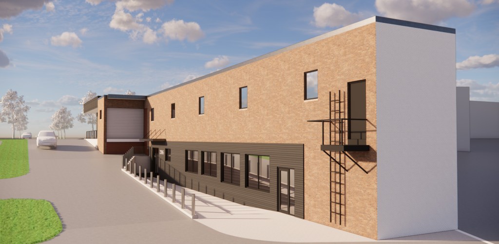 Rendering of the rear elevation and lower-level office entrance at 21190 Center Ridge Road