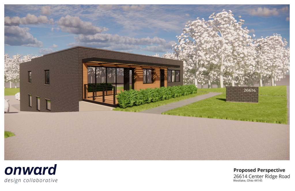 Rendering of the renovated front entry and monument sign at 26614 Center Ridge Road, Westlake