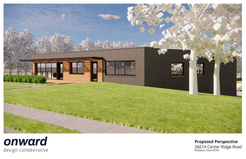 Rendering of the street-facing side of 26614 Center Ridge Road, Westlake